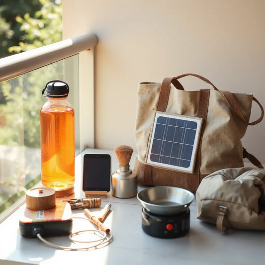 Minimalist eco-friendly nomad setup with solar charger, reusable bottle, and lightweight pack in natural daylight