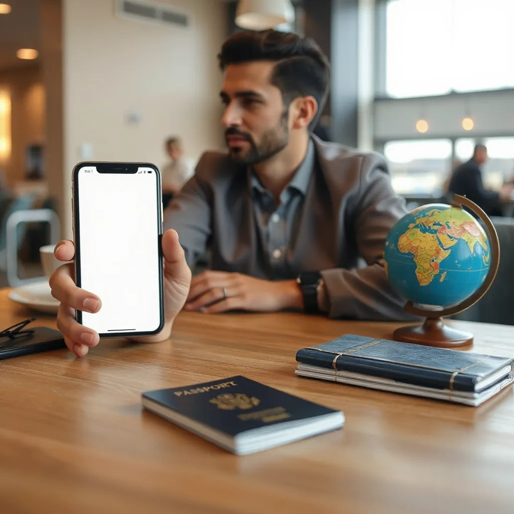Traveler handling a passport and card at an airport table with a small globe nearby