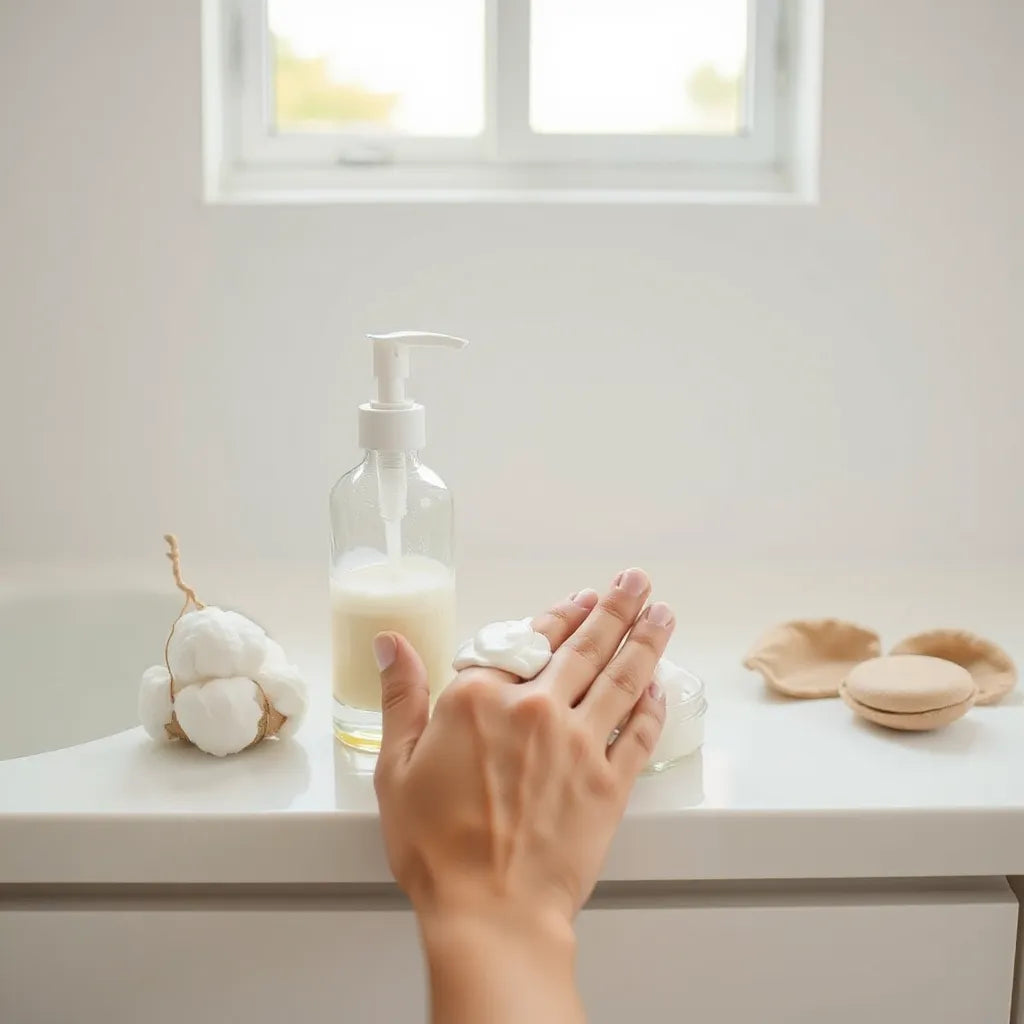 Gentle cleanser bottle with soft gel on fingertips beside cotton pads in warm bathroom light