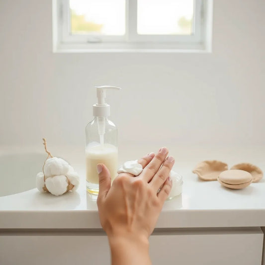 Gentle cleanser bottle with soft gel on fingertips beside cotton pads in warm bathroom light