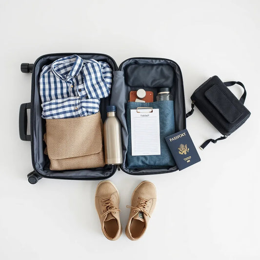 Open suitcase with folded clothes, packing cubes, toiletries, and travel documents on a tidy table
