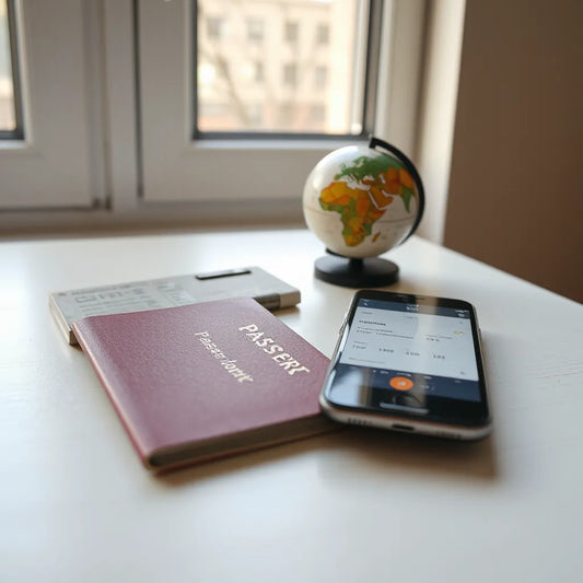 Passport, credit card, and smartphone on a desk with a small globe for smooth international travel banking