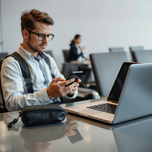 Traveler securing a phone and laptop with subtle digital lock protection in an airport lounge