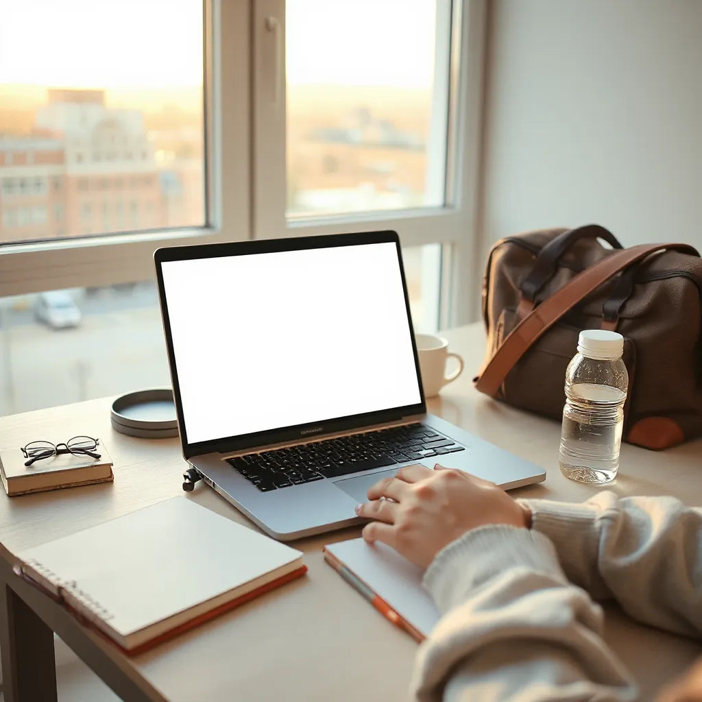 Calm travel workspace with an open laptop, notebook, and packed bag, suggesting recovery-focused nomad routines