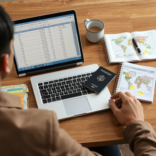 Traveler organizing a passport and budget planning items on a desk with a world map and laptop