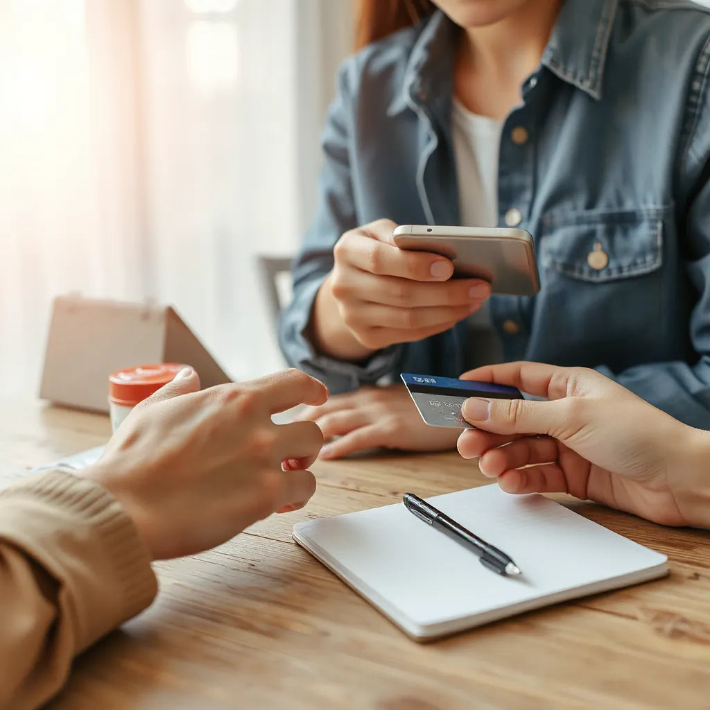 Person using a smartphone with accessibility settings while a companion provides help at a simple table