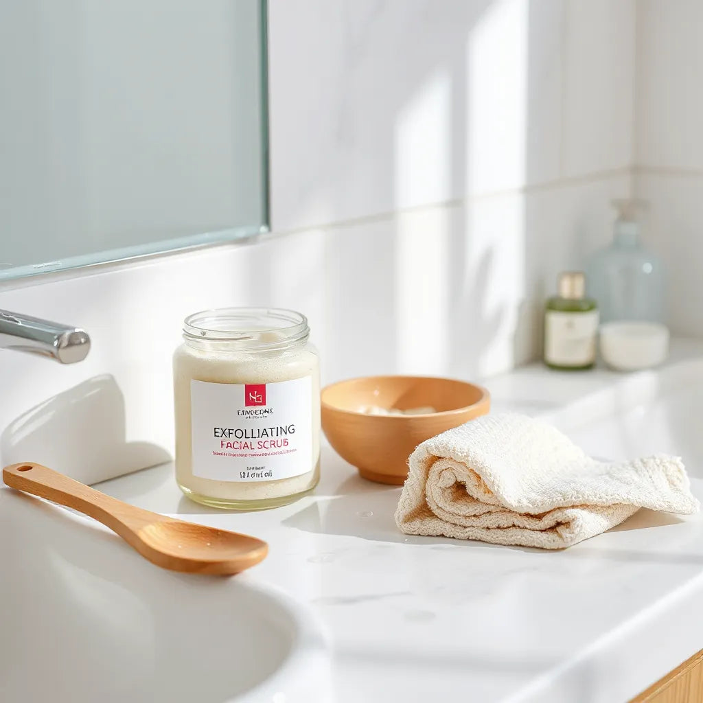 Exfoliating facial scrub jar and spatula on a clean vanity with a washcloth and natural light