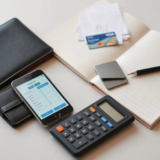 Receipts, calculator, and a phone beside a travel wallet on a tidy desk