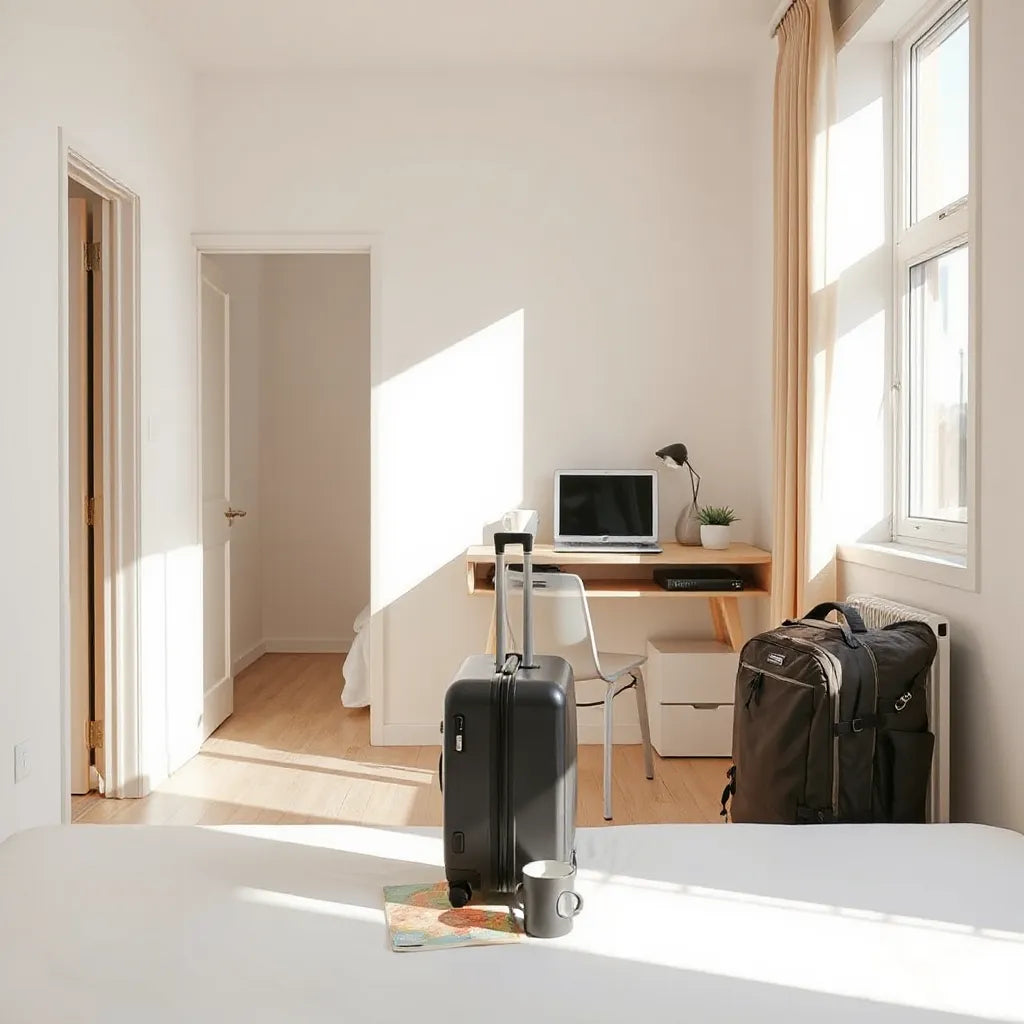 Sunlit apartment with a small work desk, suitcase, and neatly made bed in the background