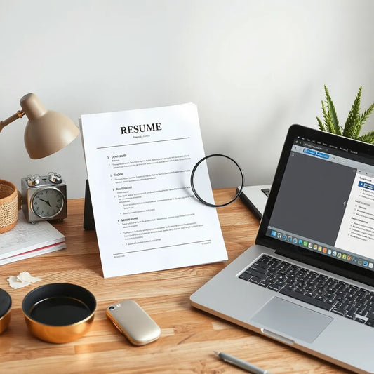Resume page with a magnifying glass over highlighted keywords on a clean desk.
