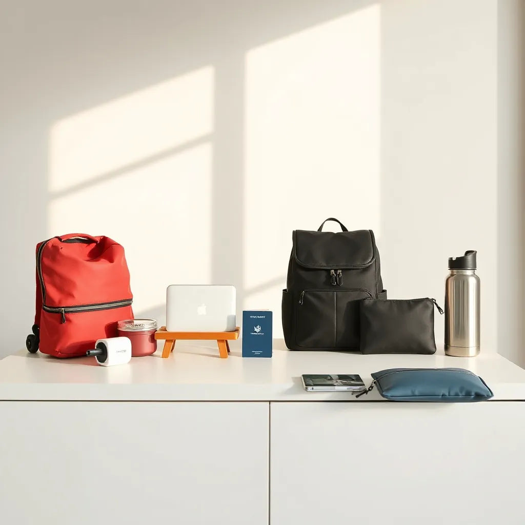 Neatly packed nomad essentials kit with backpack, power adapter, documents, and toiletries on a table