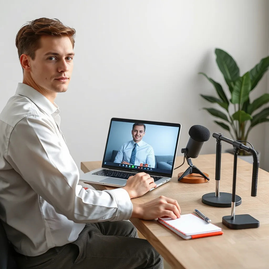 Person seated at a desk with a laptop video call setup and calm, confident camera-ready posture